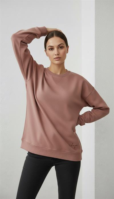 Kadın Sıfır Yaka Üç İp Şardonlu Koty Sweatshirt Somon
