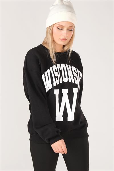 Kadın Sıfır Yaka Winsconsin Baskı Overzie Baskı Sweatshirt Siyah