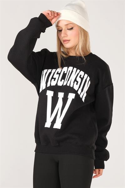 Kadın Sıfır Yaka Winsconsin Baskı Overzie Baskı Sweatshirt Siyah
