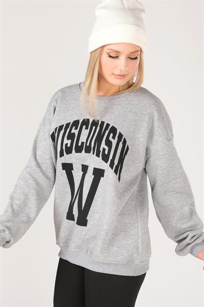 Kadın Sıfır Yaka Winsconsin Baskı Overzie Baskı Sweatshirt Gri