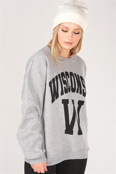 Kadın Sıfır Yaka Winsconsin Baskı Overzie Baskı Sweatshirt Gri