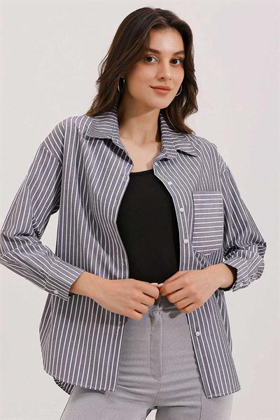 Kadın Tek Cep  Çizgili Oversize Gömlek Gri