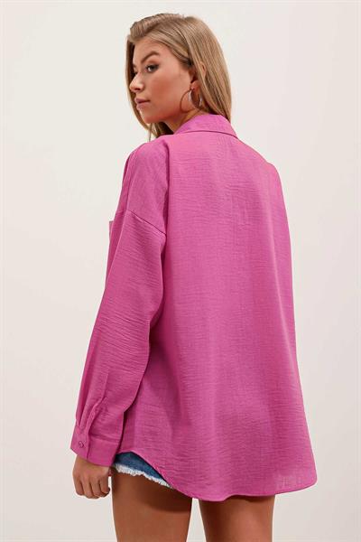Kadın Tek Cepli Oversize Gömlek Fuşya