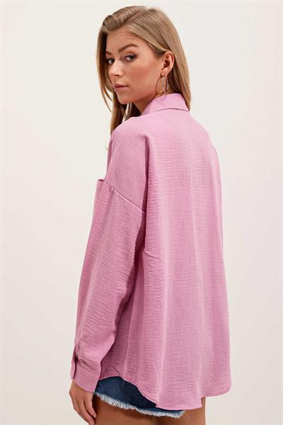 Kadın Tek Cepli Oversize Gömlek Pembe