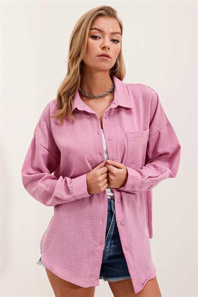 Kadın Tek Cepli Oversize Gömlek Pembe