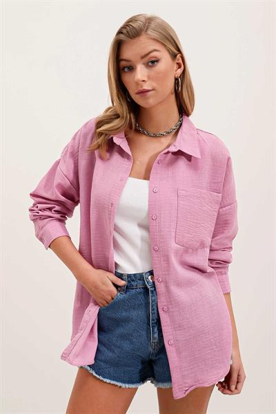 Kadın Tek Cepli Oversize Gömlek Pembe
