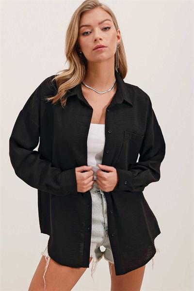 Kadın Tek Cepli Oversize Gömlek Siyah