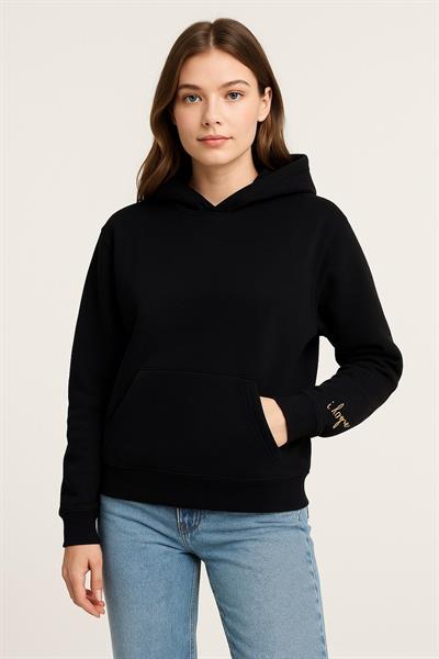 Kadın Üç İp Şardonlu Beren Kapüşonlu Sweat Siyah