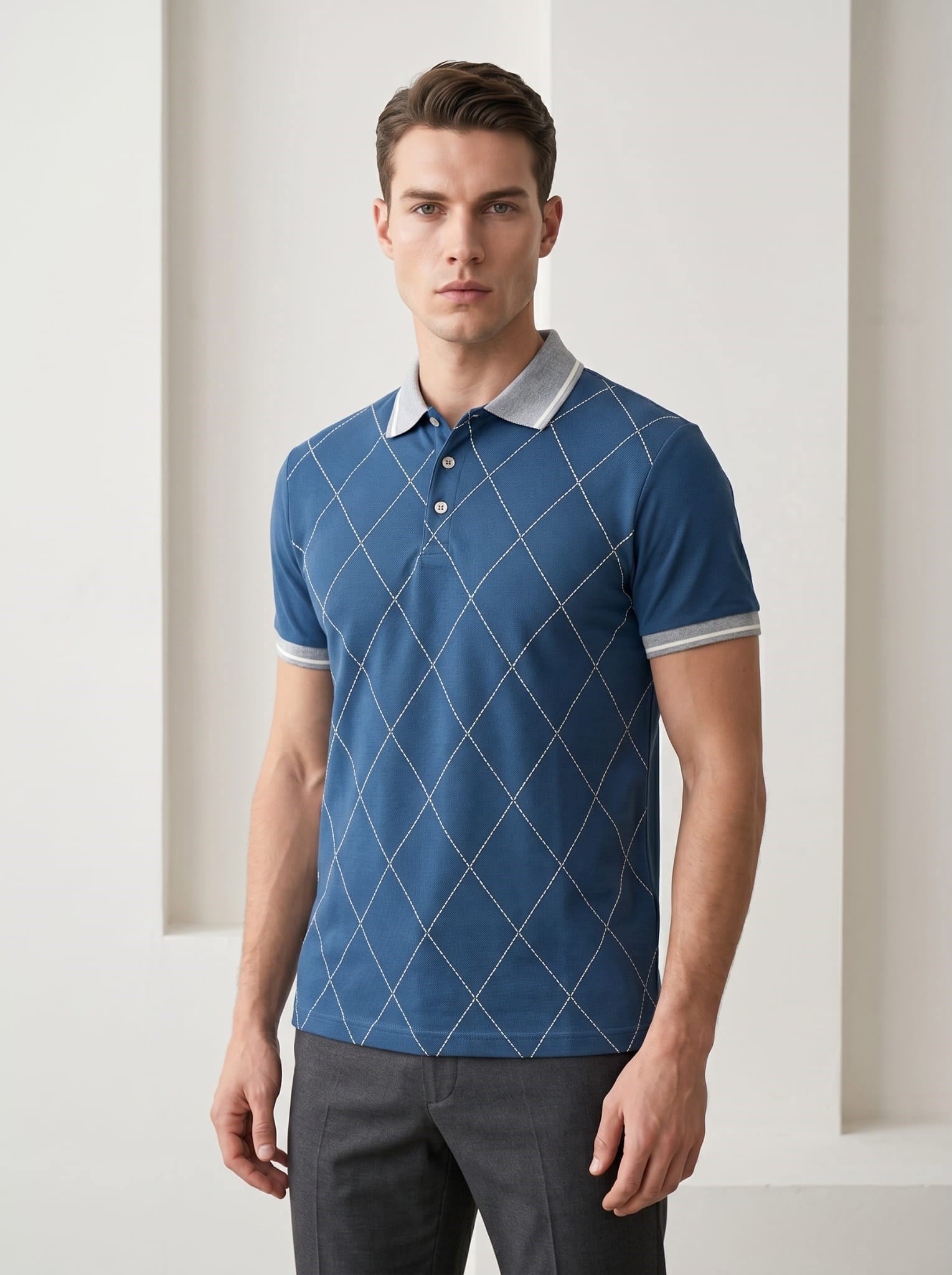 Erkek Baklava Desenli Polo Yaka Tshirt Petrol
