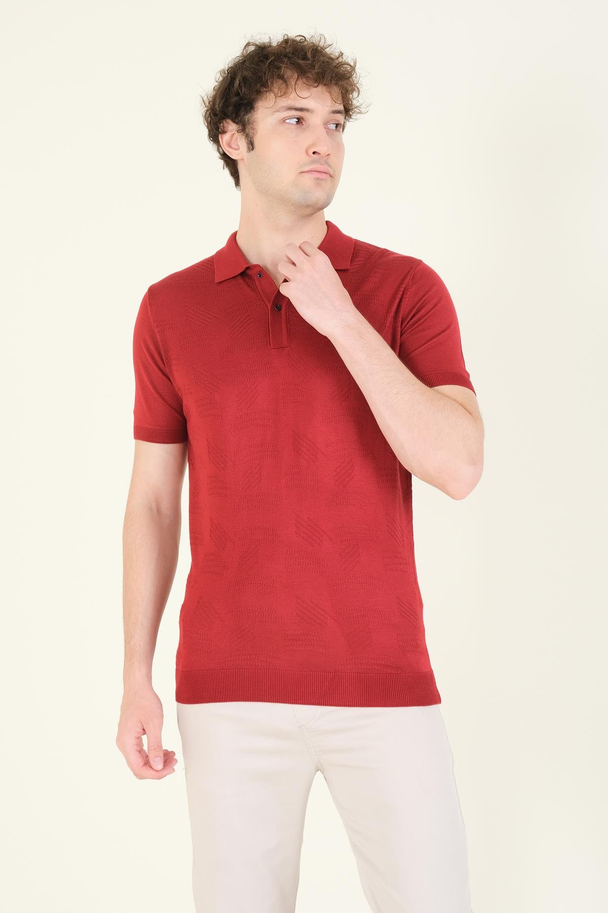 Erkek Çıtçıtlı Desenli Polo Yaka Merserize T-Shirt Bordo