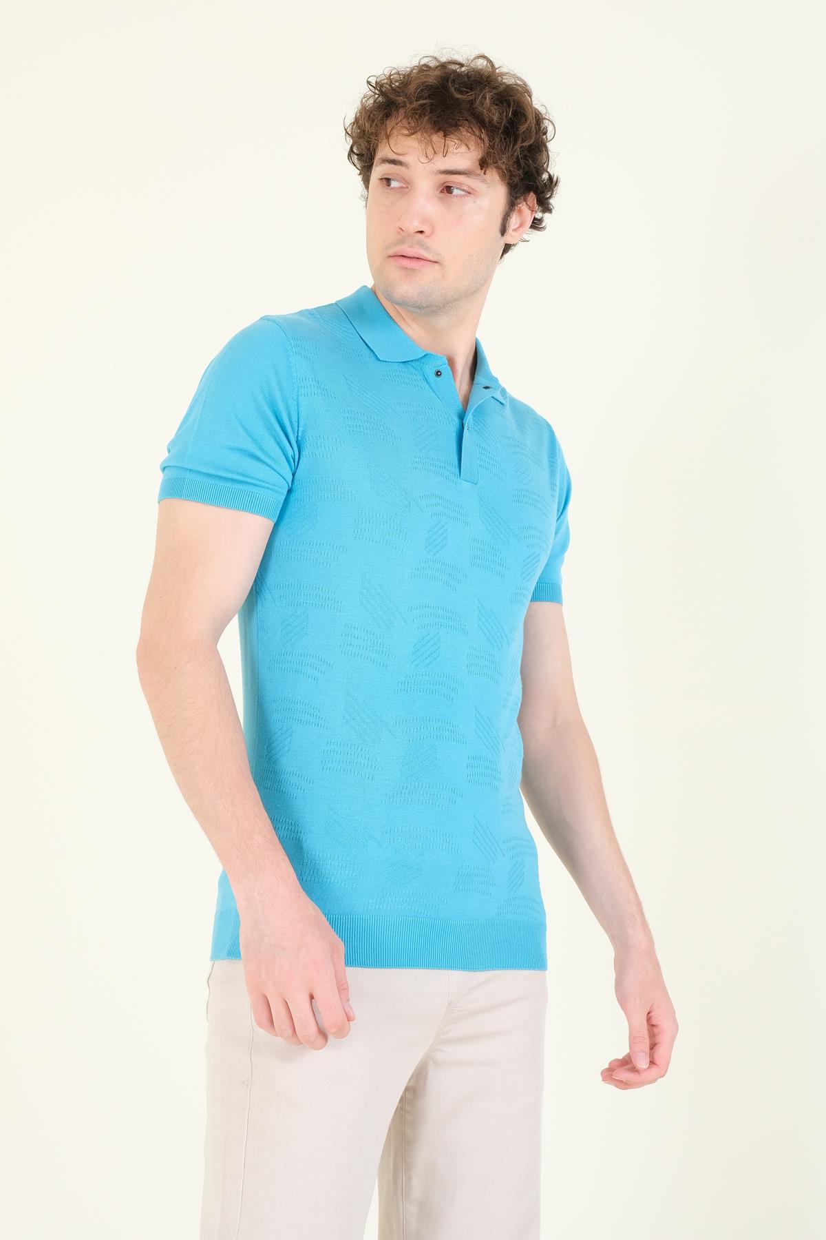 Erkek Çıtçıtlı Desenli Polo Yaka Merserize T-Shirt Mavi