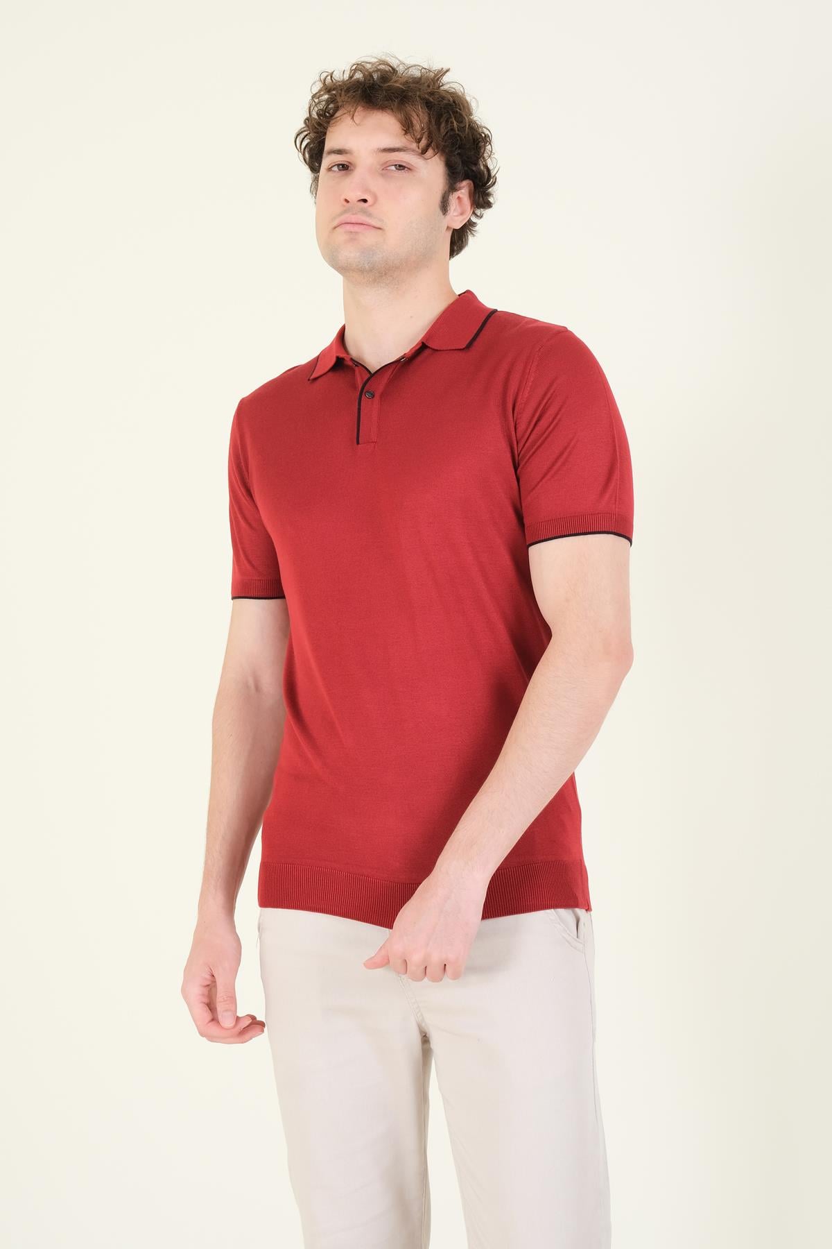 Erkek Çıtçıtlı Yaka Biyeli Merserize T-Shirt Bordo