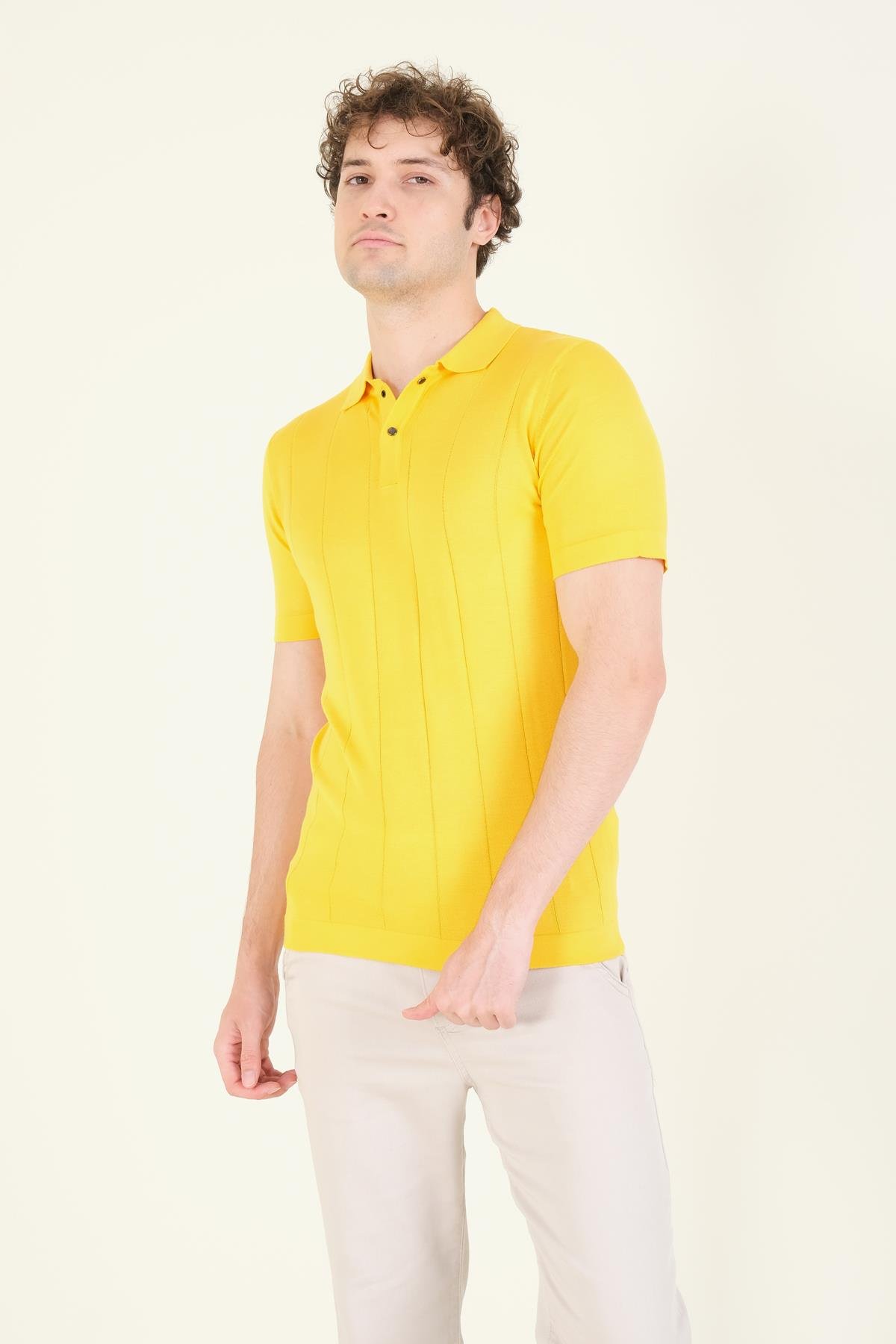 Erkek Çizgili Polo Yaka Merserize T-Shirt Sarı