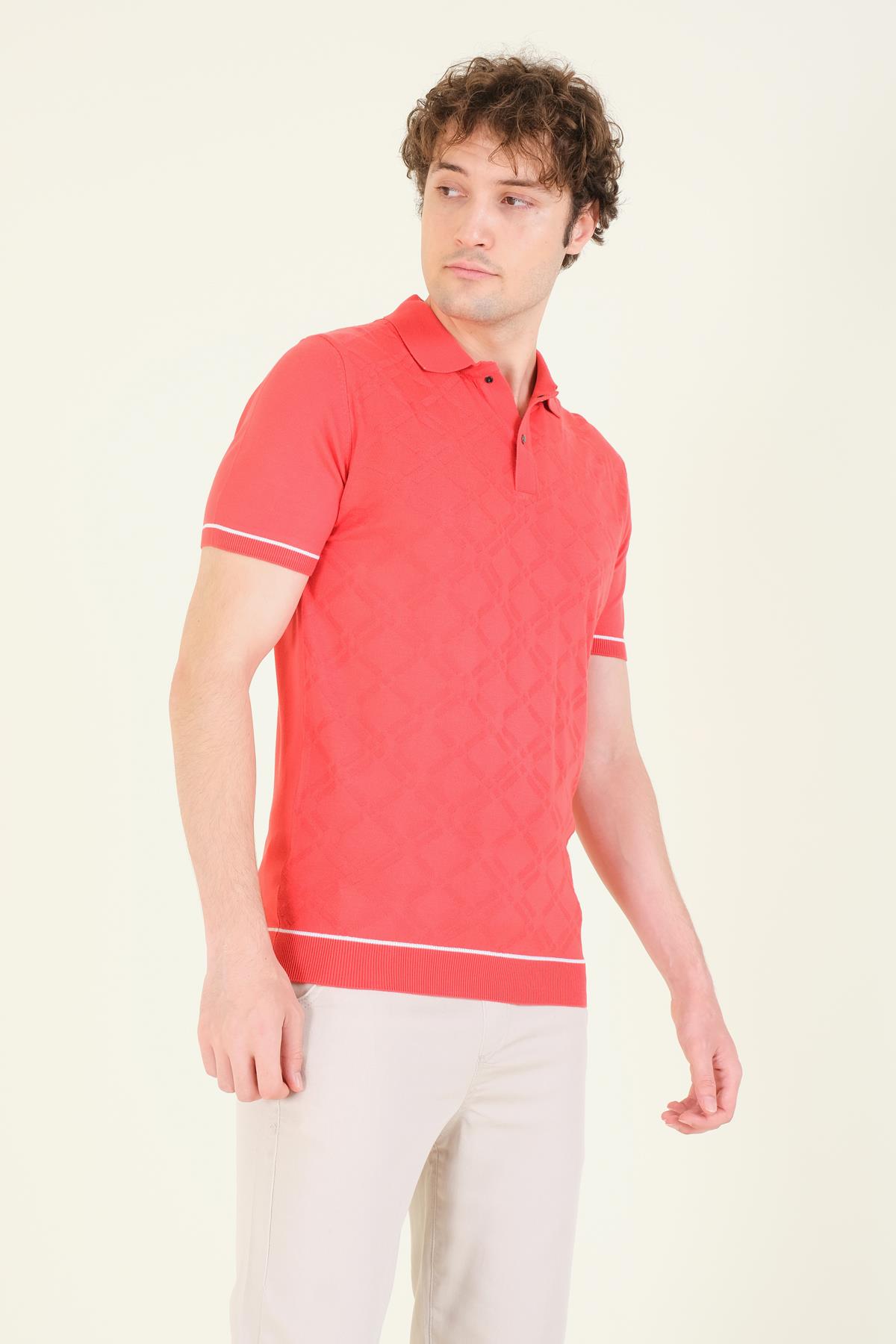 Erkek Desenli Polo Yaka Merserize T-Shirt Mercan