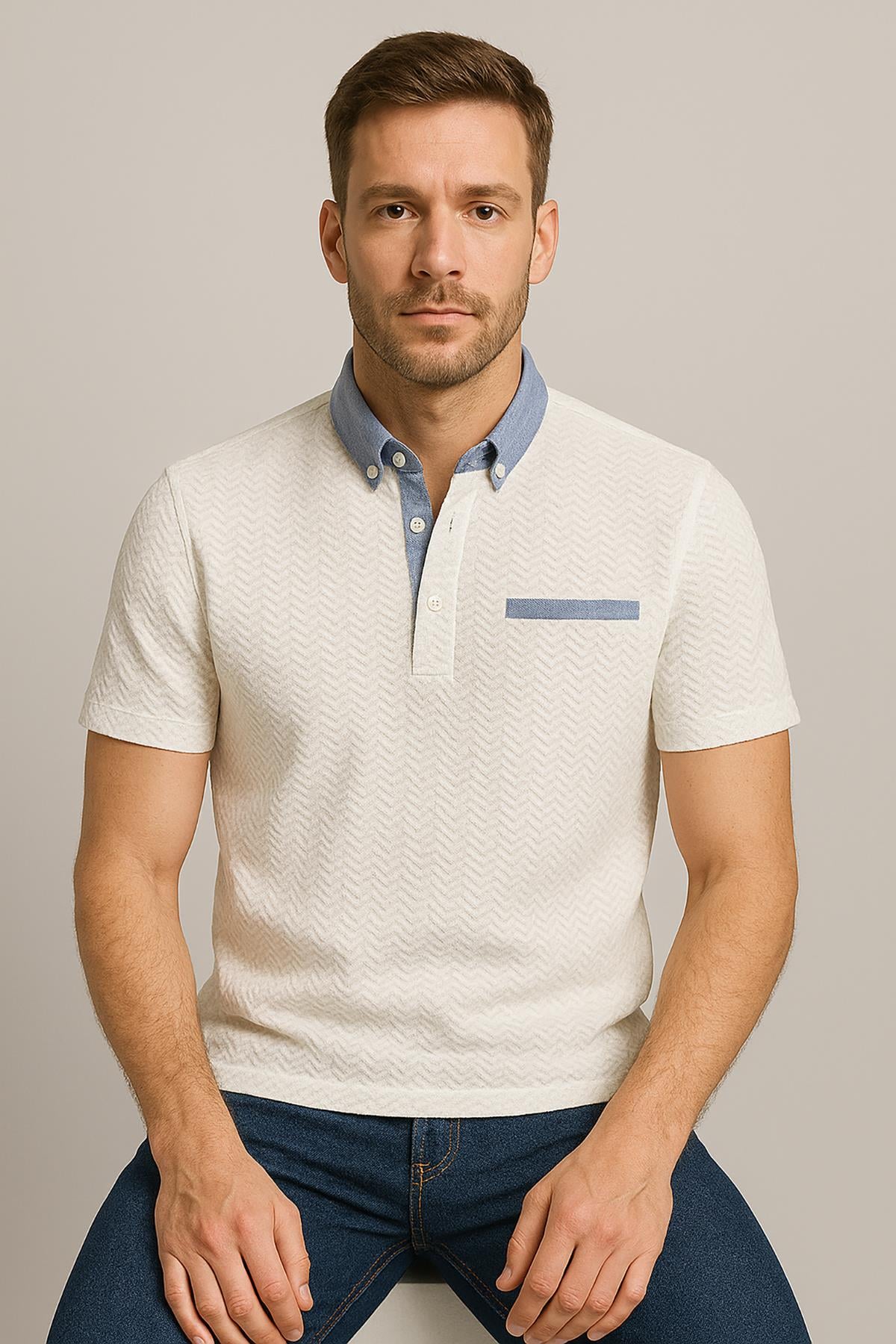 Erkek Jakarlı Süprem Kısakol Gömlek Yaka Tshirt Beyaz