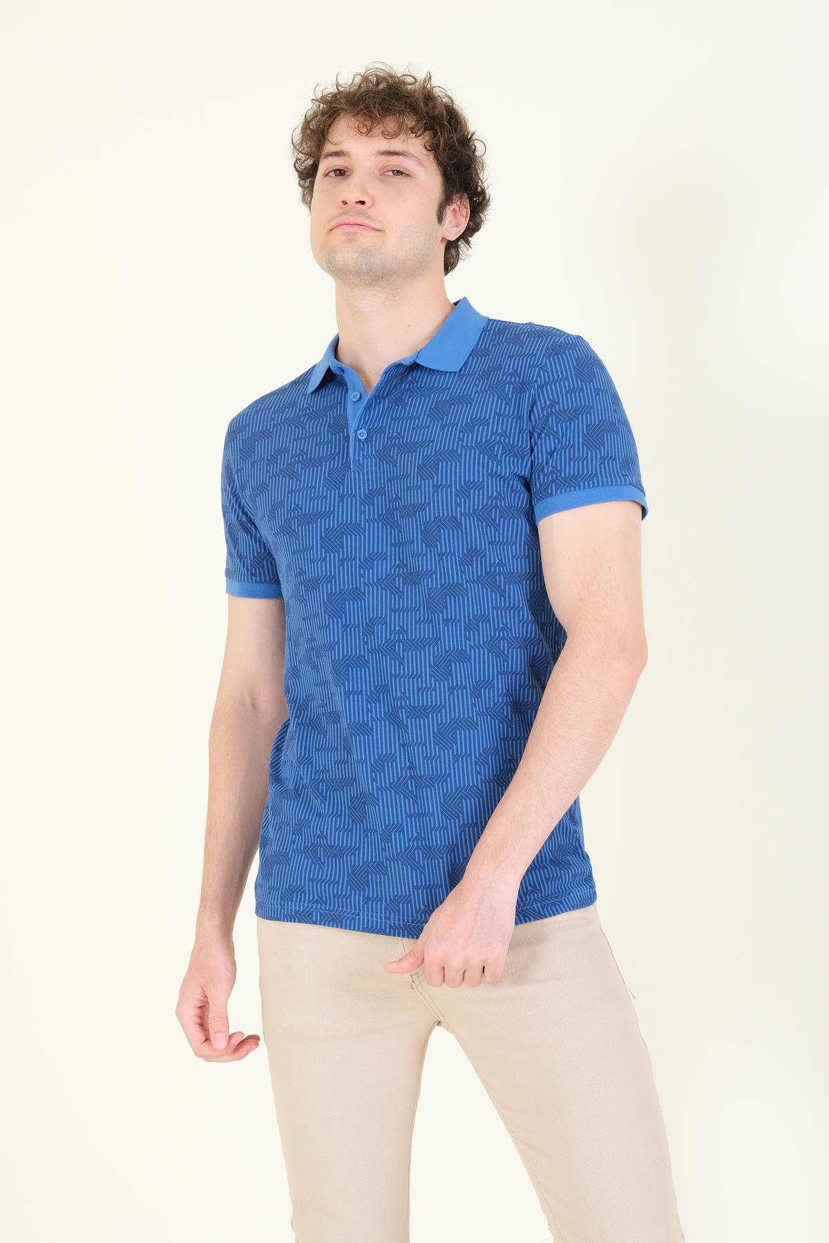 Erkek Polo Yaka Desenli T-Shirt Mavi