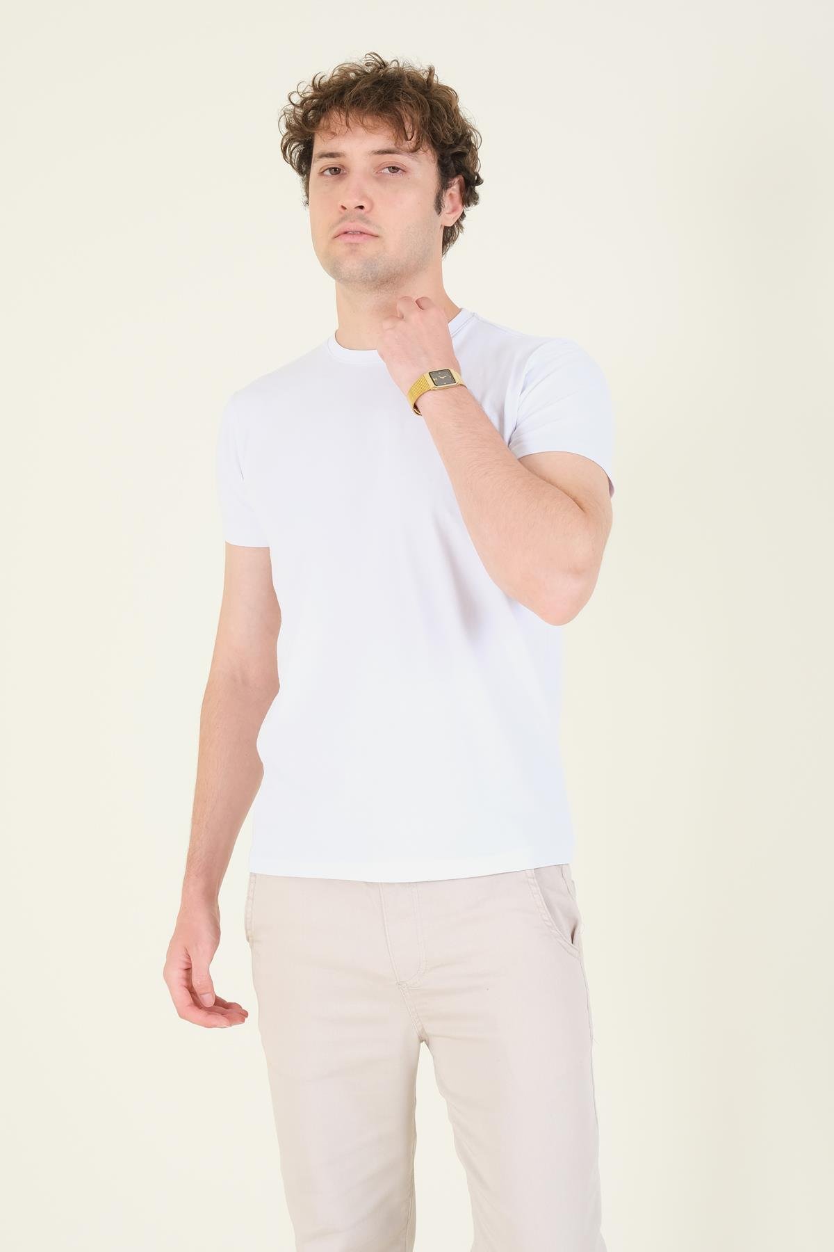 Erkek Sıfır Yaka Basic T-Shirt Beyaz