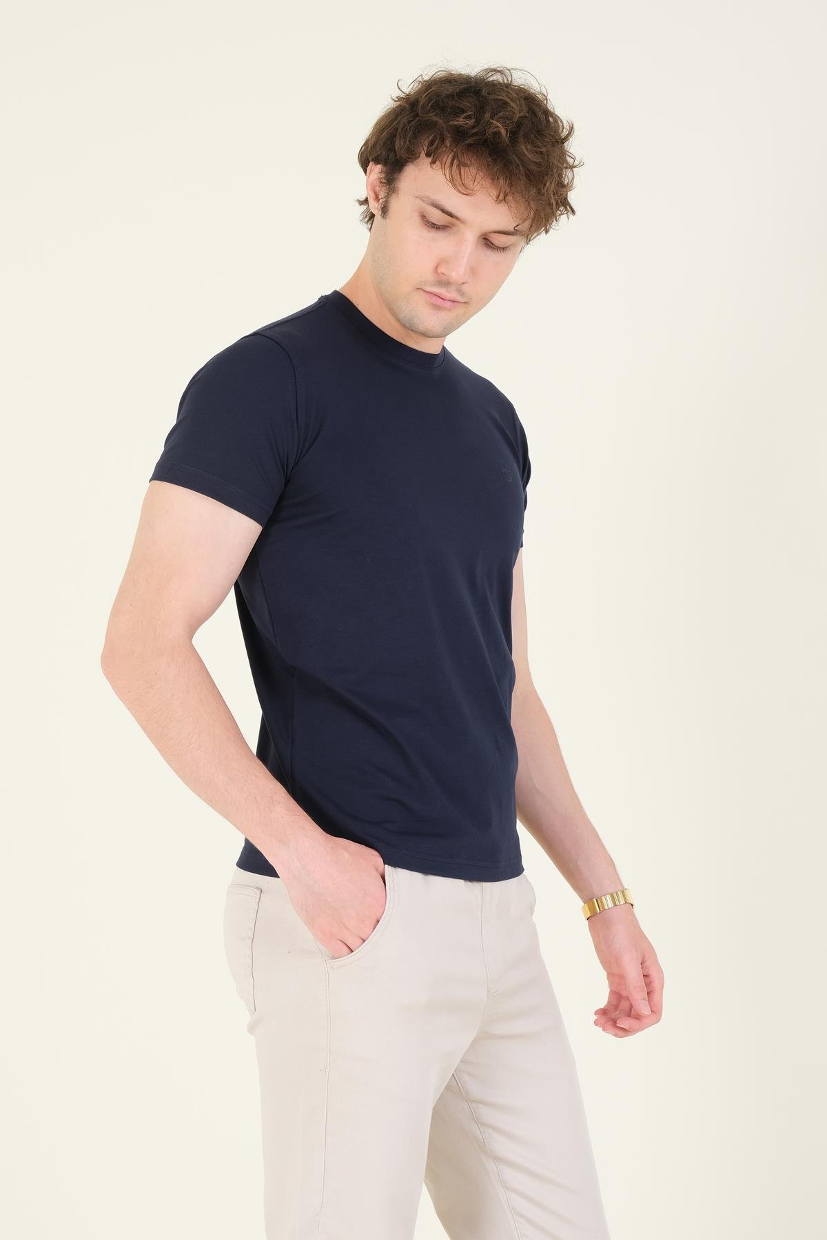Erkek Sıfır Yaka Basic T-Shirt Lacivert