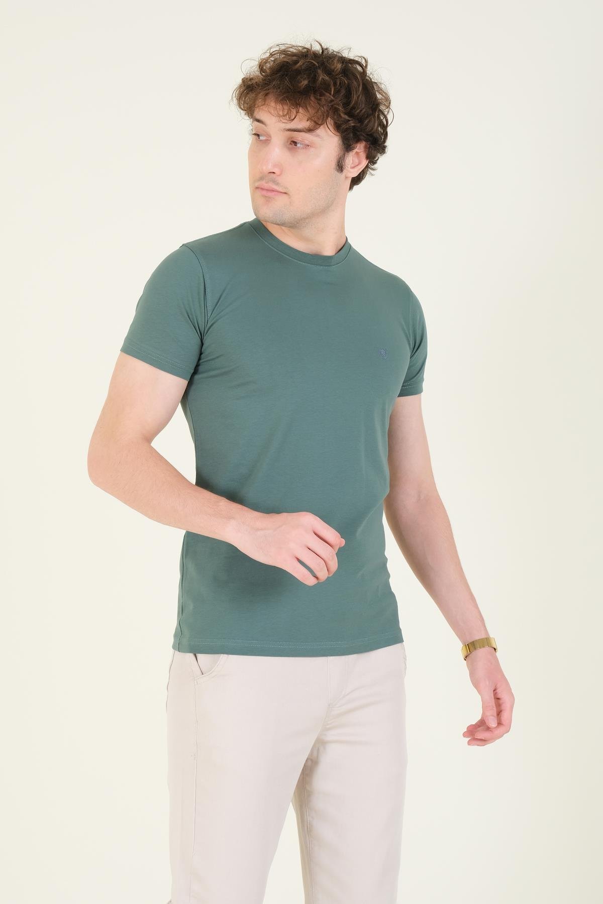Erkek Sıfır Yaka Basic T-Shirt Yeşil