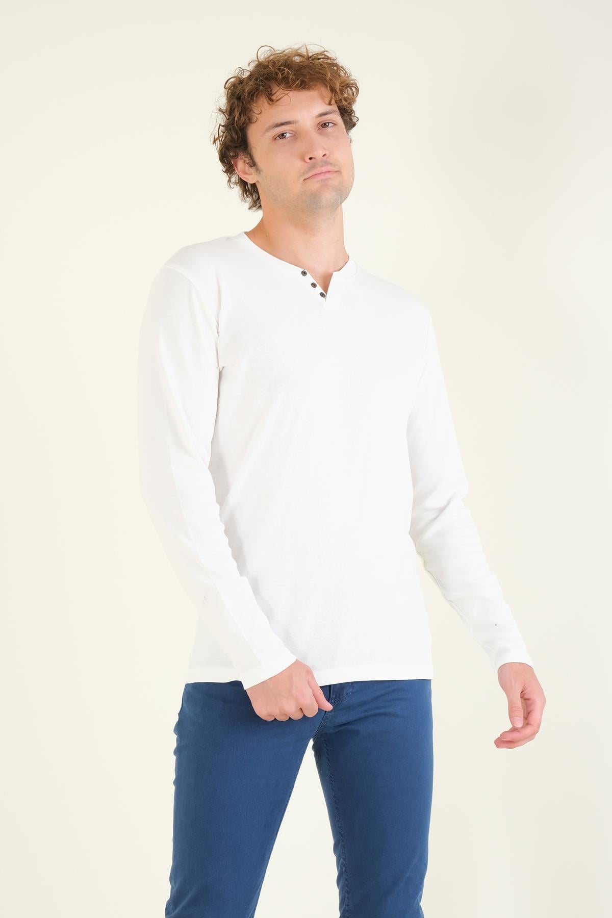 Erkek Sıfır Yaka Düğmeli Uzun Kol Sweatshirt Ekru