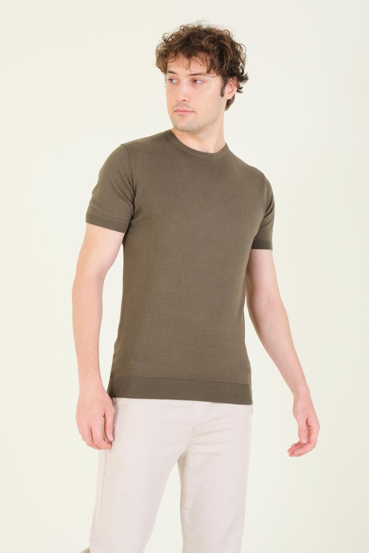 Erkek  Sıfır Yaka Merserize T-Shirt Haki