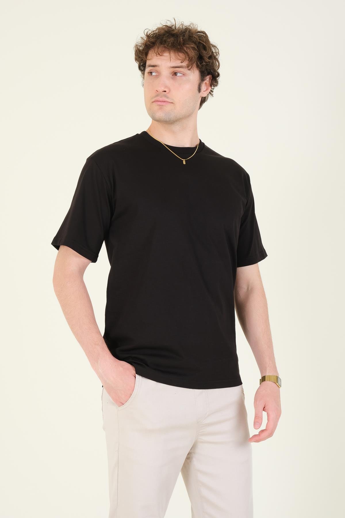 Erkek Sıfır Yaka Oversize T-Shirt Siyah