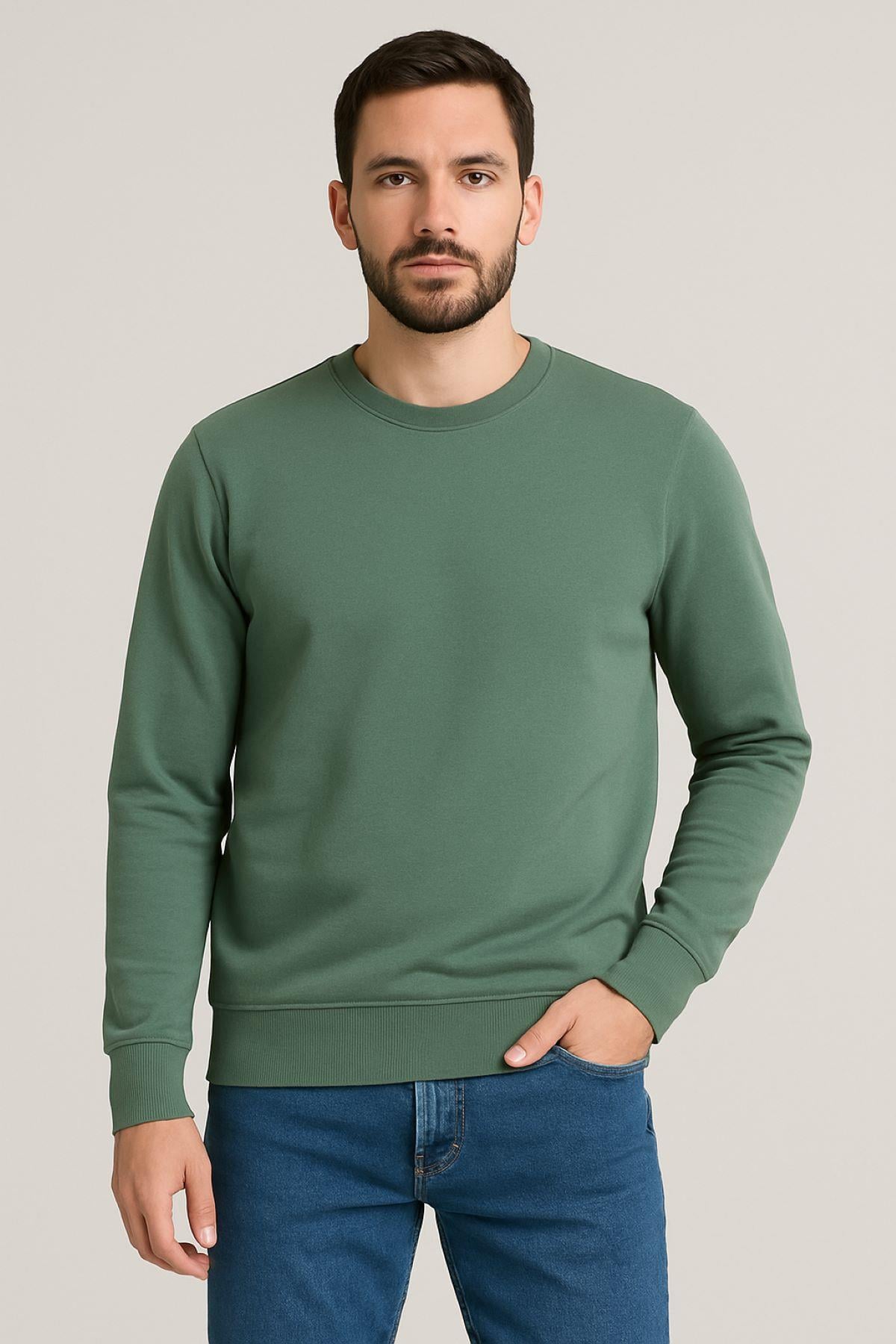 Erkek Üç İp Şardonsuz Sweatshirt Yeşil