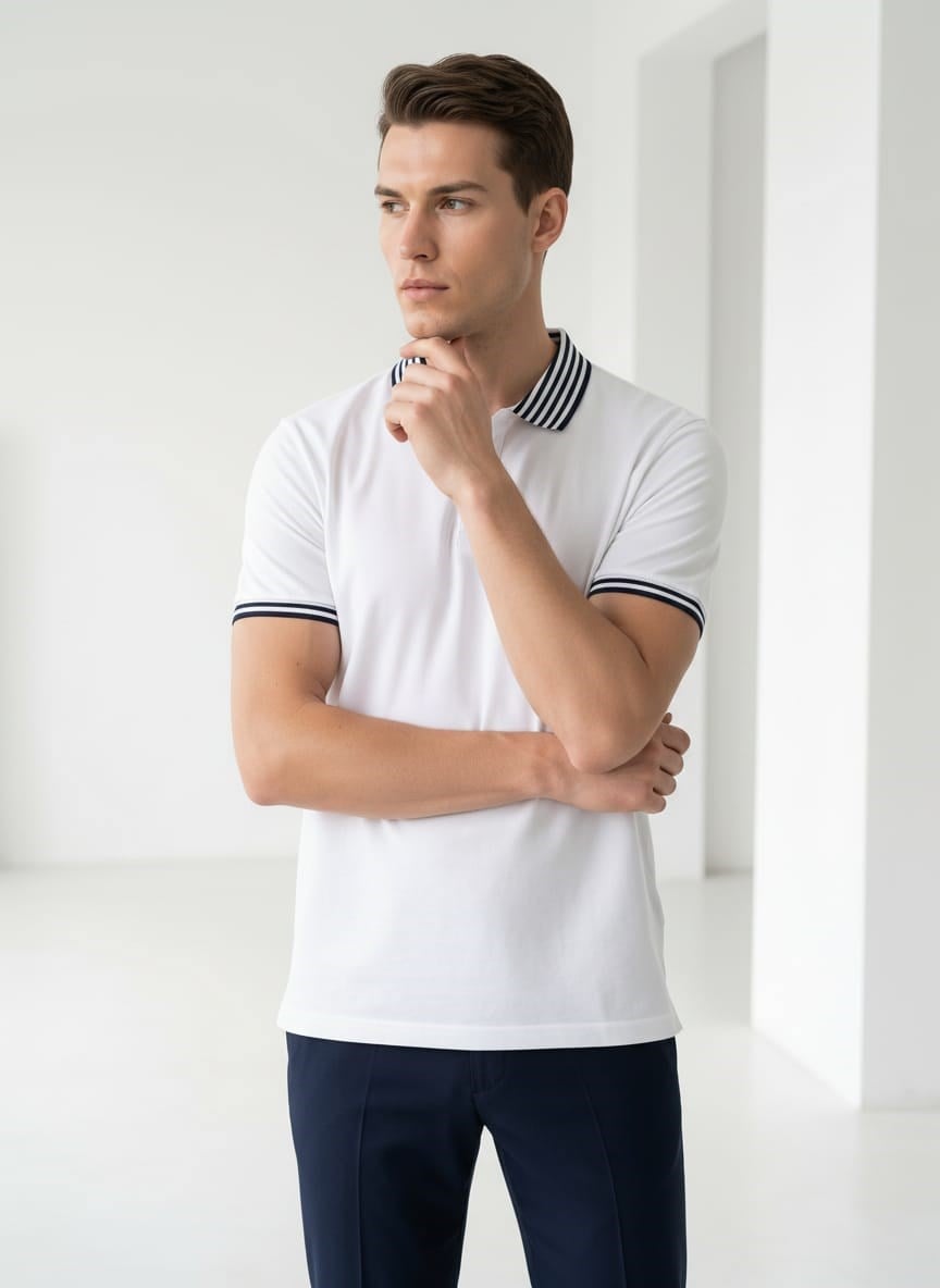 Erkek Yaka Çizgili Polo Yaka Kısa Kol Tshirt Beyaz