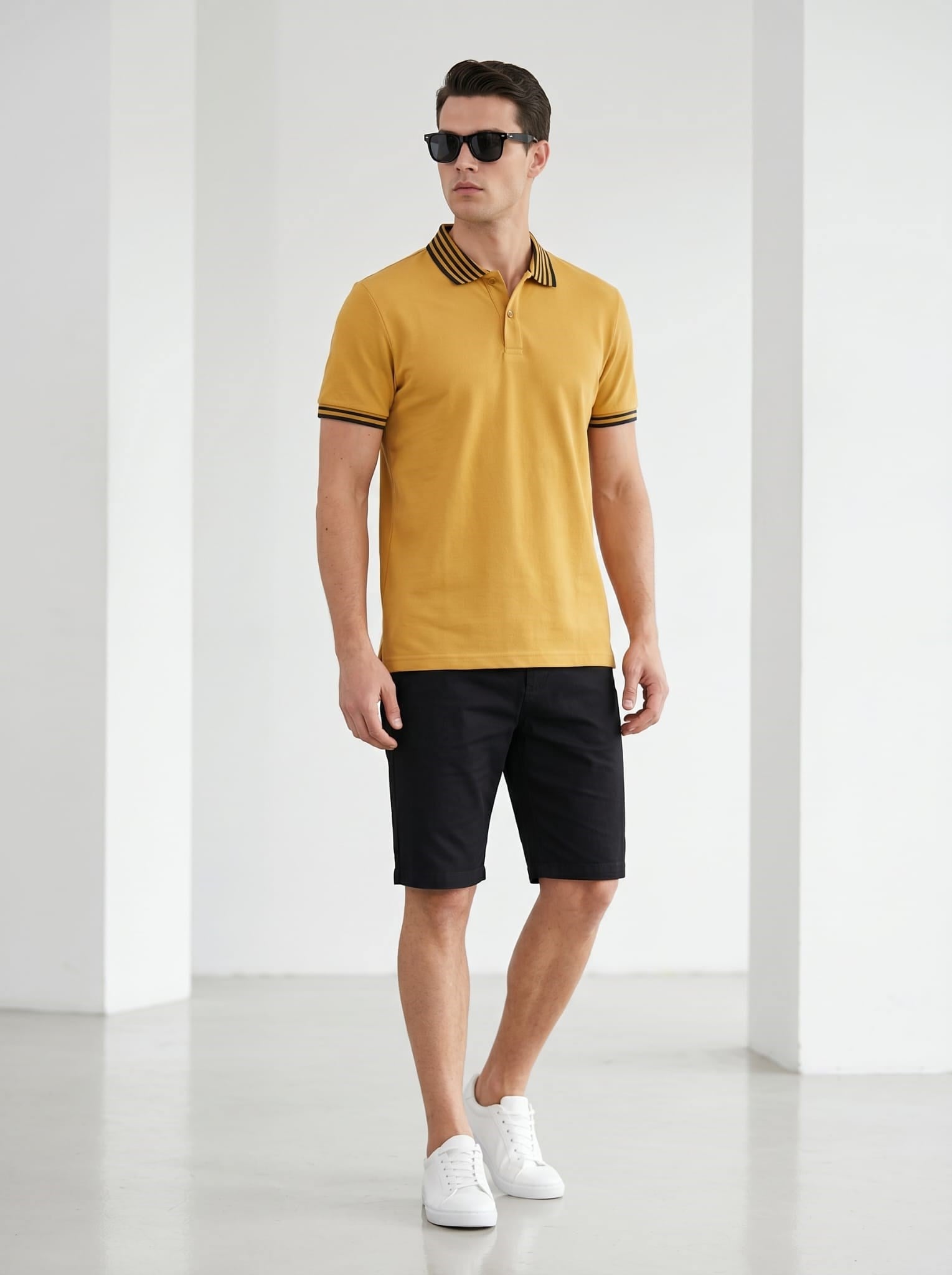 Erkek Yaka Çizgili Polo Yaka Kısa Kol Tshirt Hardal
