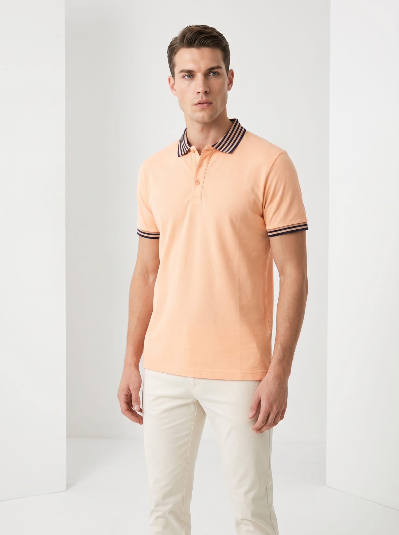 Erkek Yaka Çizgili Polo Yaka Kısa Kol Tshirt Somon