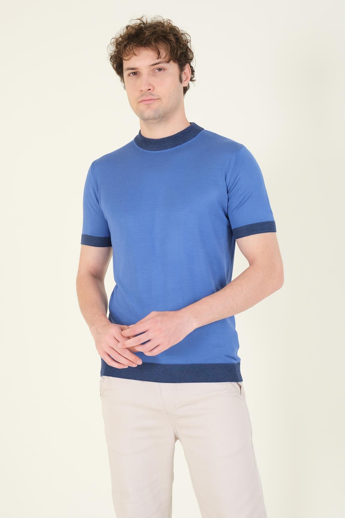 Erkek Yarım Balıkçı Merserize T-Shirt Mavi 