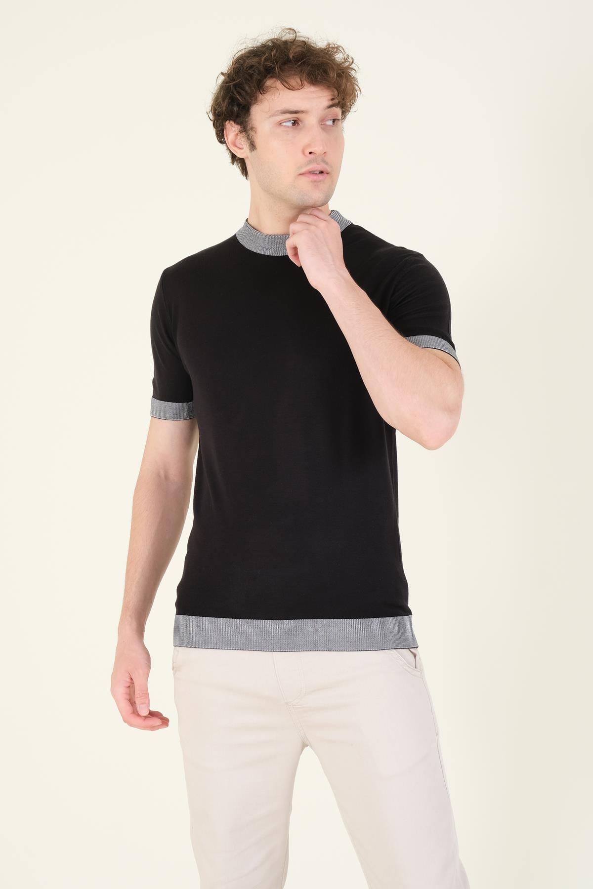 Erkek Yarım Balıkçı Merserize T-Shirt Siyah