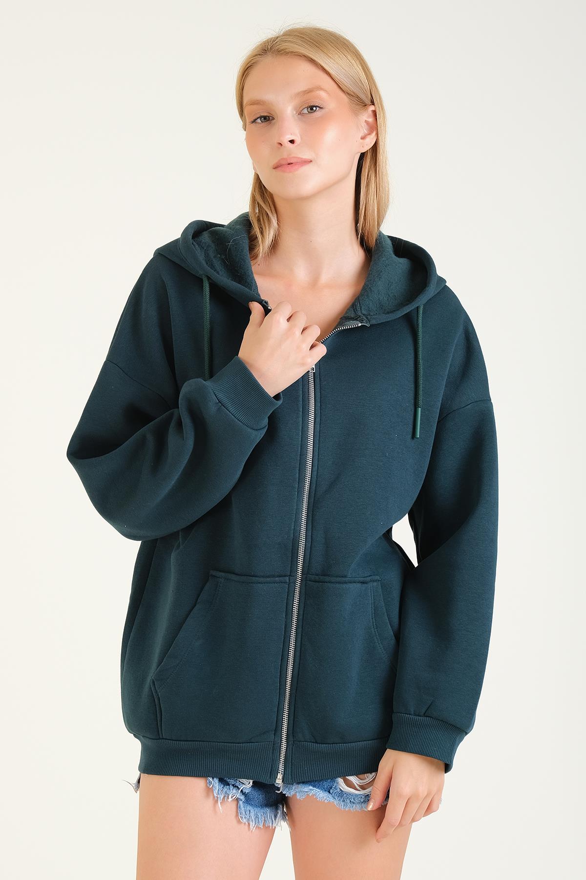 Kadın 3 İp Şardonlu Kapüşonlu Fermuarlı Oversize Sweatshirt Yeşil