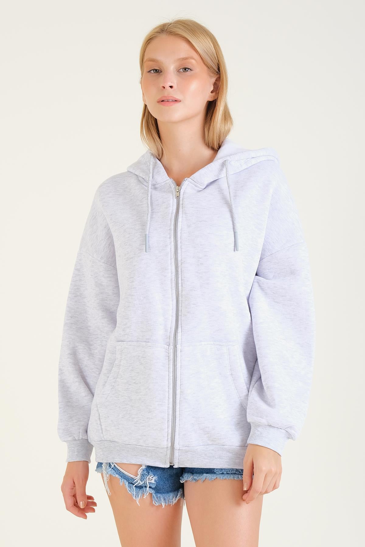 Kadın 3 İp Şardonlu Kapüşonlu Fermuarlı Oversize Sweatshirt Gri
