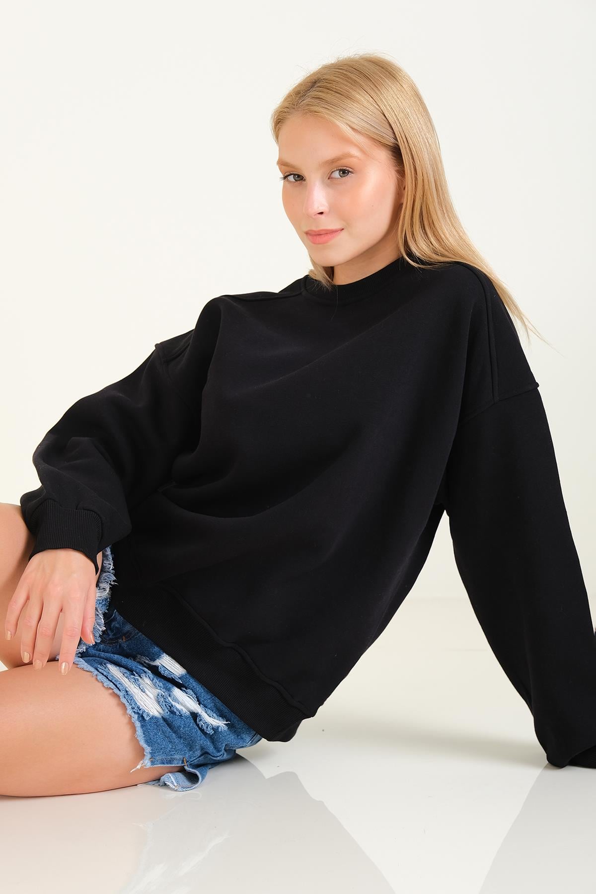 Kadın 3 İp Şardonlu Sıfır Yaka Oversize Sweatshirt Siyah