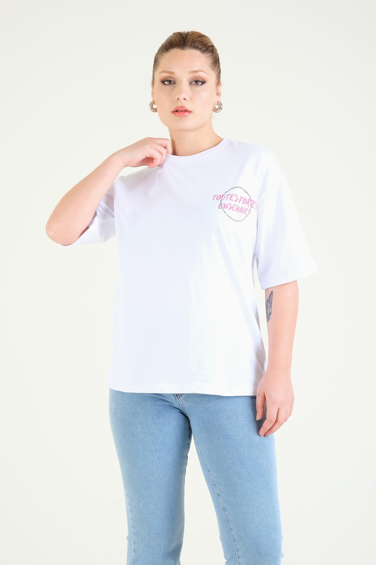 Kadın Baskılı Oversize T-Shirt Beyaz