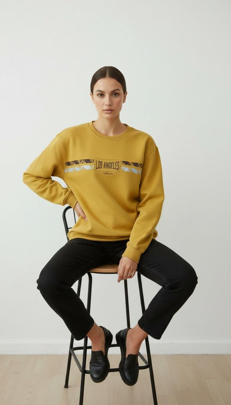 Kadın Baskılı Şardonlu Üç İp Şevval Sweatshirt Sarı