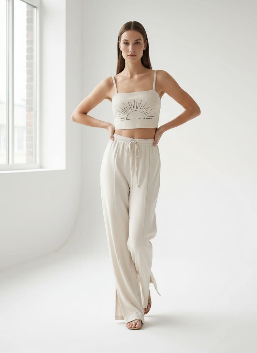 Kadın İp Askılı Taşlı Crop Pantolon Takım Taş