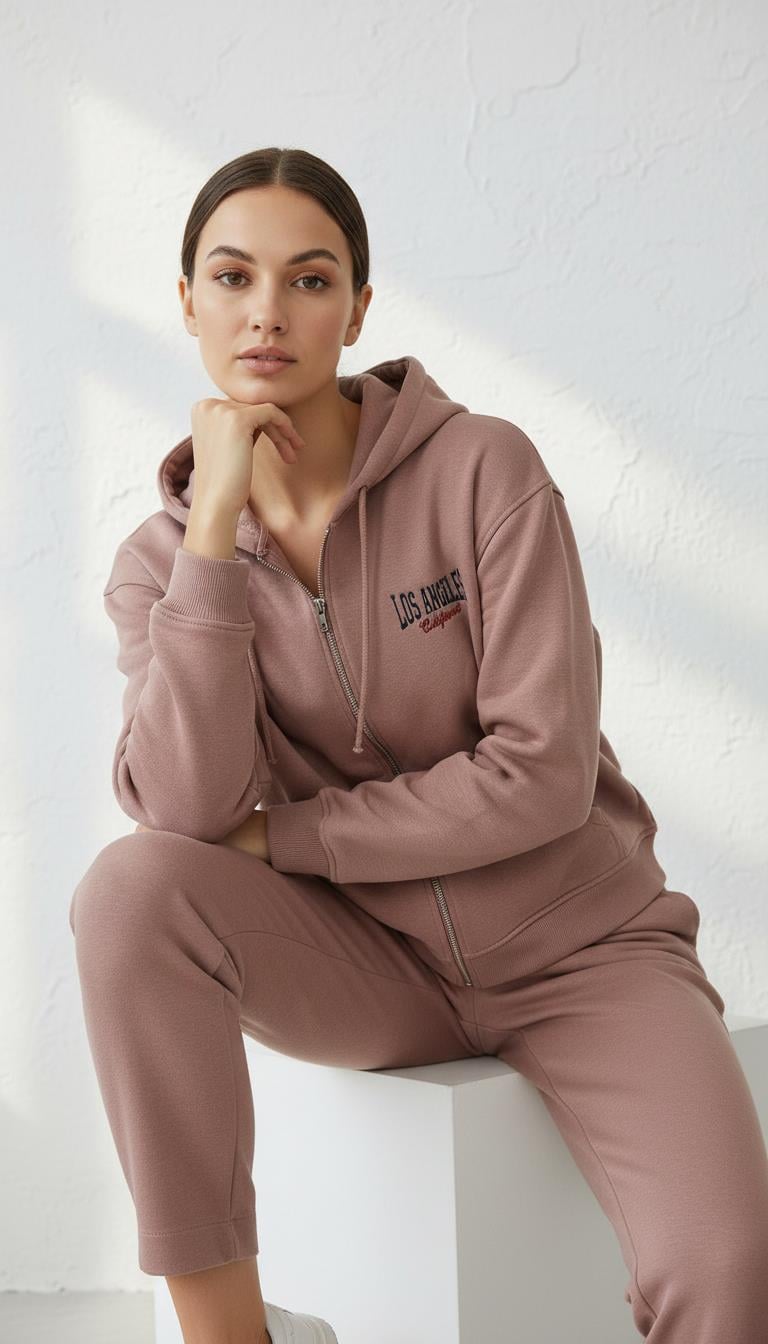 Kadın Kapşonlu Fermuarlı Üç İp Şardonlu Julia Sweatshirt Somon