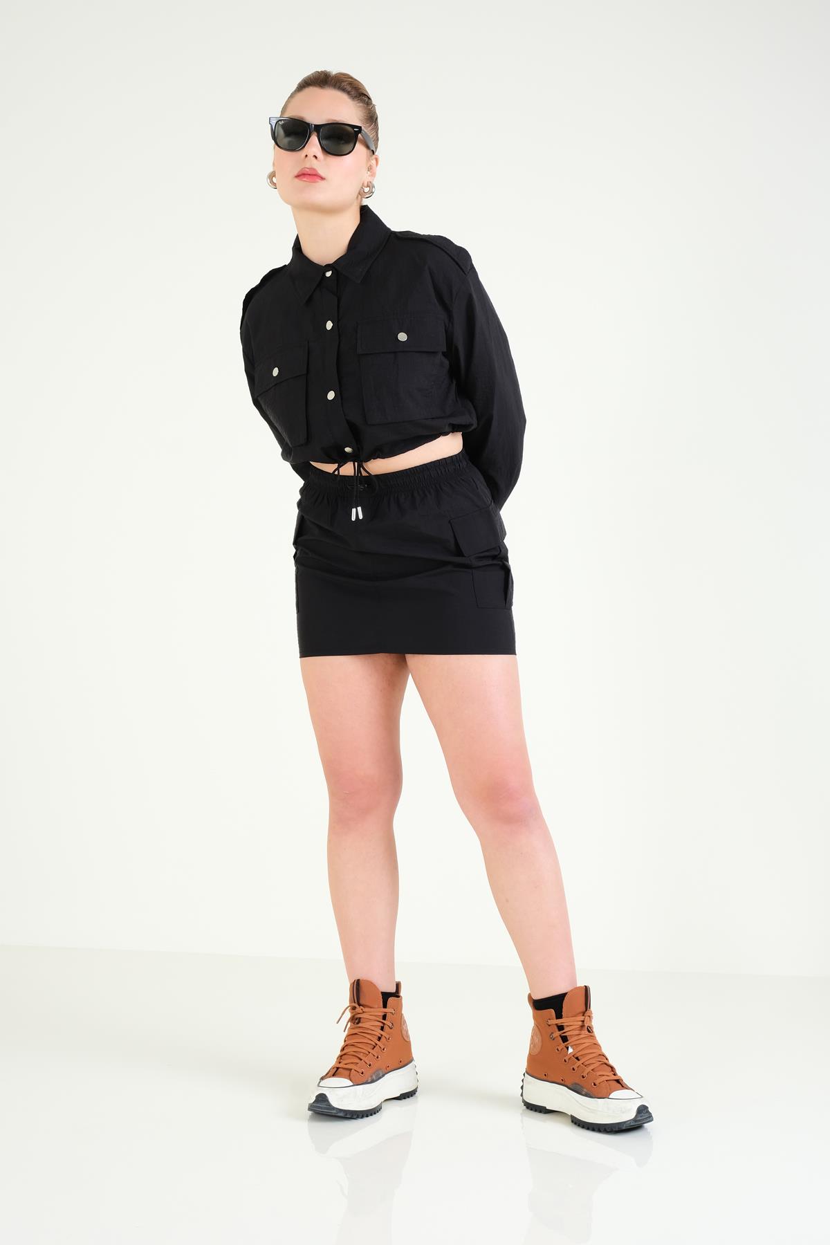 Kadın Paraşüt Mini Etek Siyah