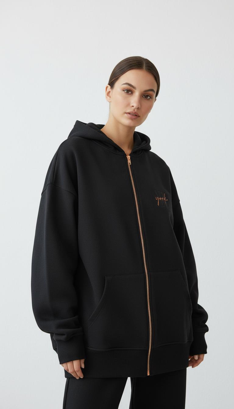 Kadın Şardonlu Üç İp Kapşonlu Fermuarlı Emma Sweatshirt Siyah