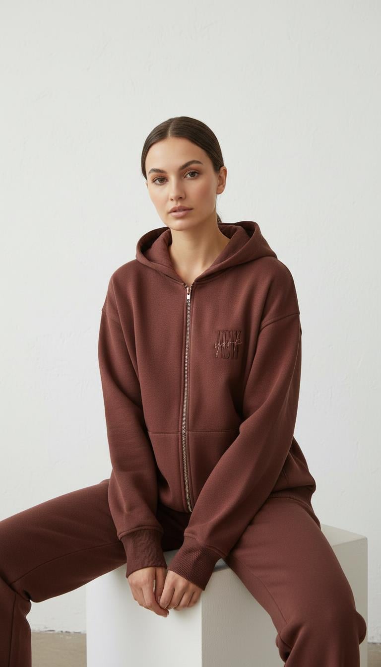 Kadın Şardonlu Üç İp Kapşonlu Fermuarlı Emma Sweatshirt Kahverengi