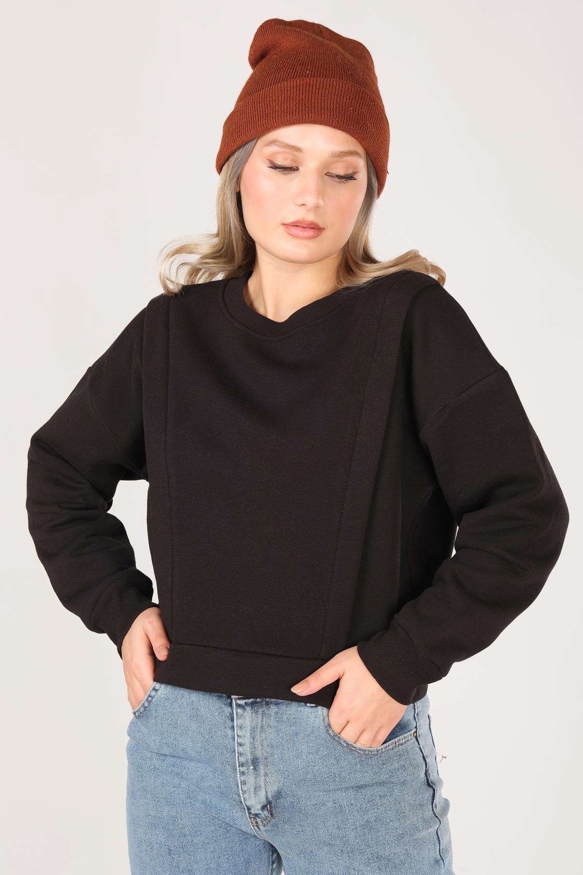 Kadın Sıfır Yaka Crop Sweatshirt Siyah