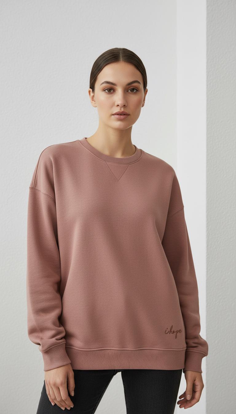 Kadın Sıfır Yaka Üç İp Şardonlu Koty Sweatshirt Somon