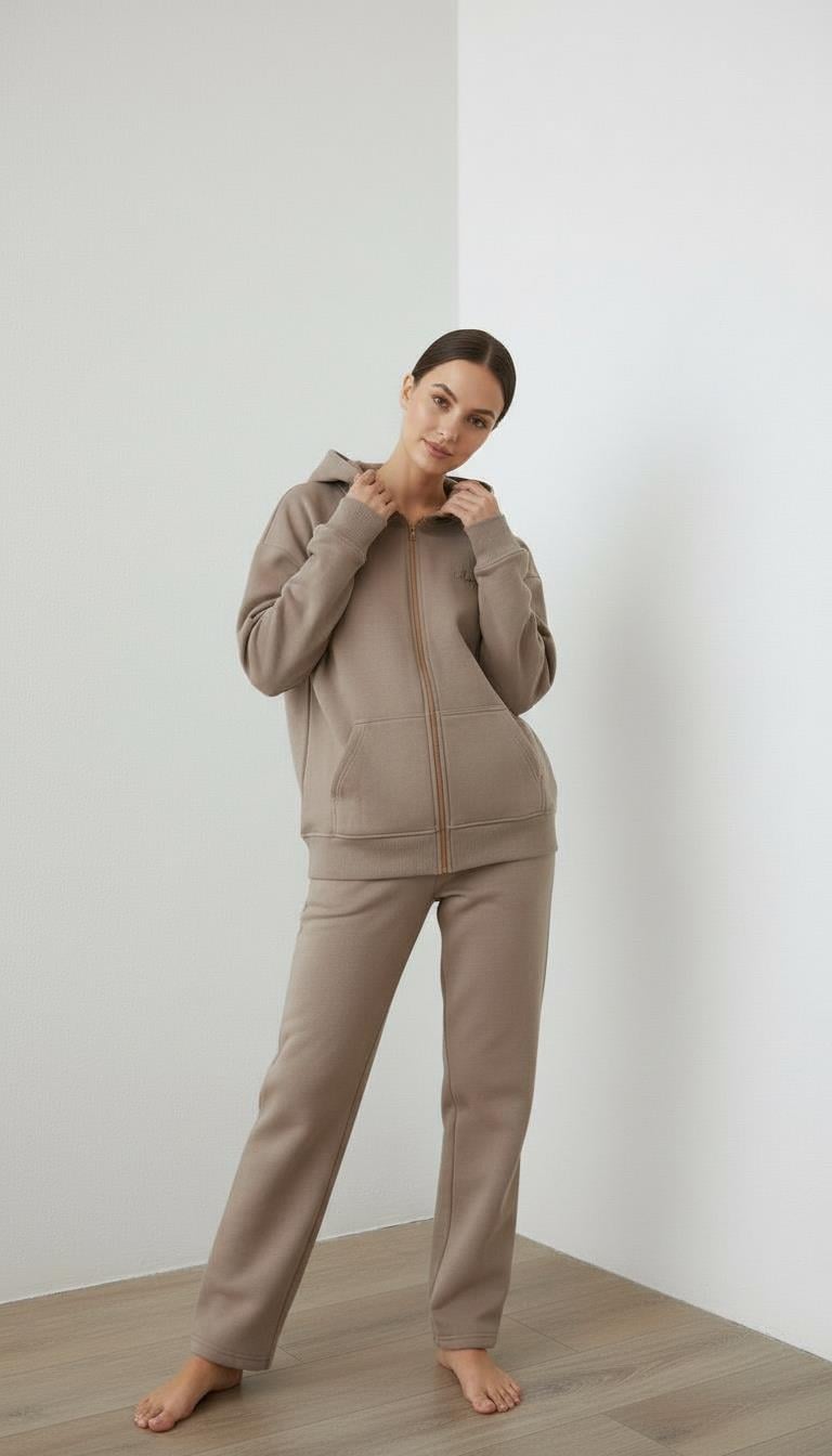 Kadın Üç İp Şardonlu Kapşonlu Fermuarlı Angelina Sweatshirt Vizon