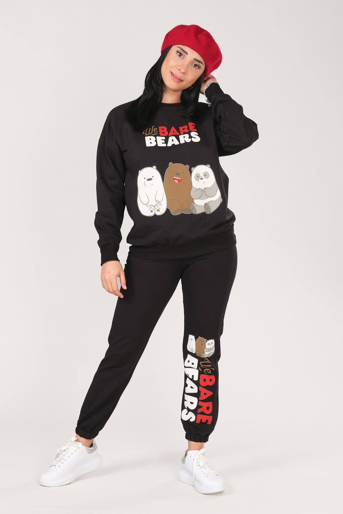 Kadın We Bare Bears Baskılı Eşofman Takımı Siyah