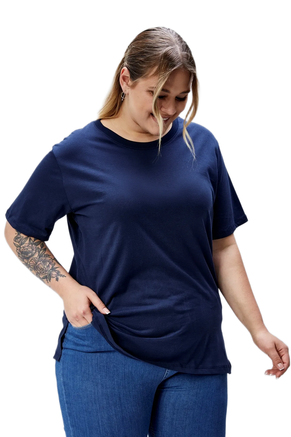 BANEGA Curve Büyük Beden Lacivert Boyfriend Bisiklet Yaka Yırtmaçlı Pamuk Örme T-Shirt