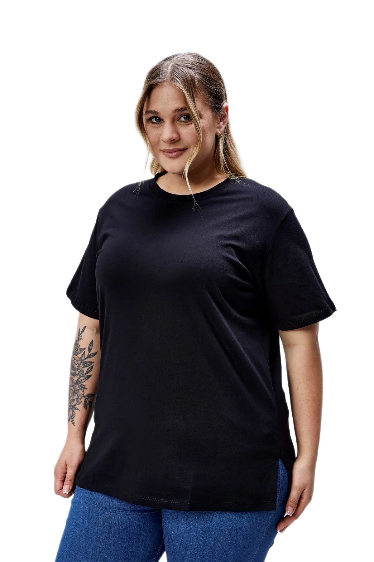BANEGA Curve Büyük Beden Siyah Boyfriend Bisiklet Yaka Yırtmaçlı Pamuk Örme T-Shirt