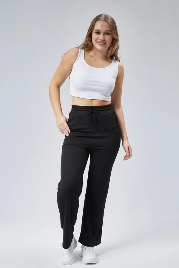 BANEGA Curve Kadın Siyah Çift Cepli Beli Lastikli Boru Paça Fitilli Tayt Eşofman Altı