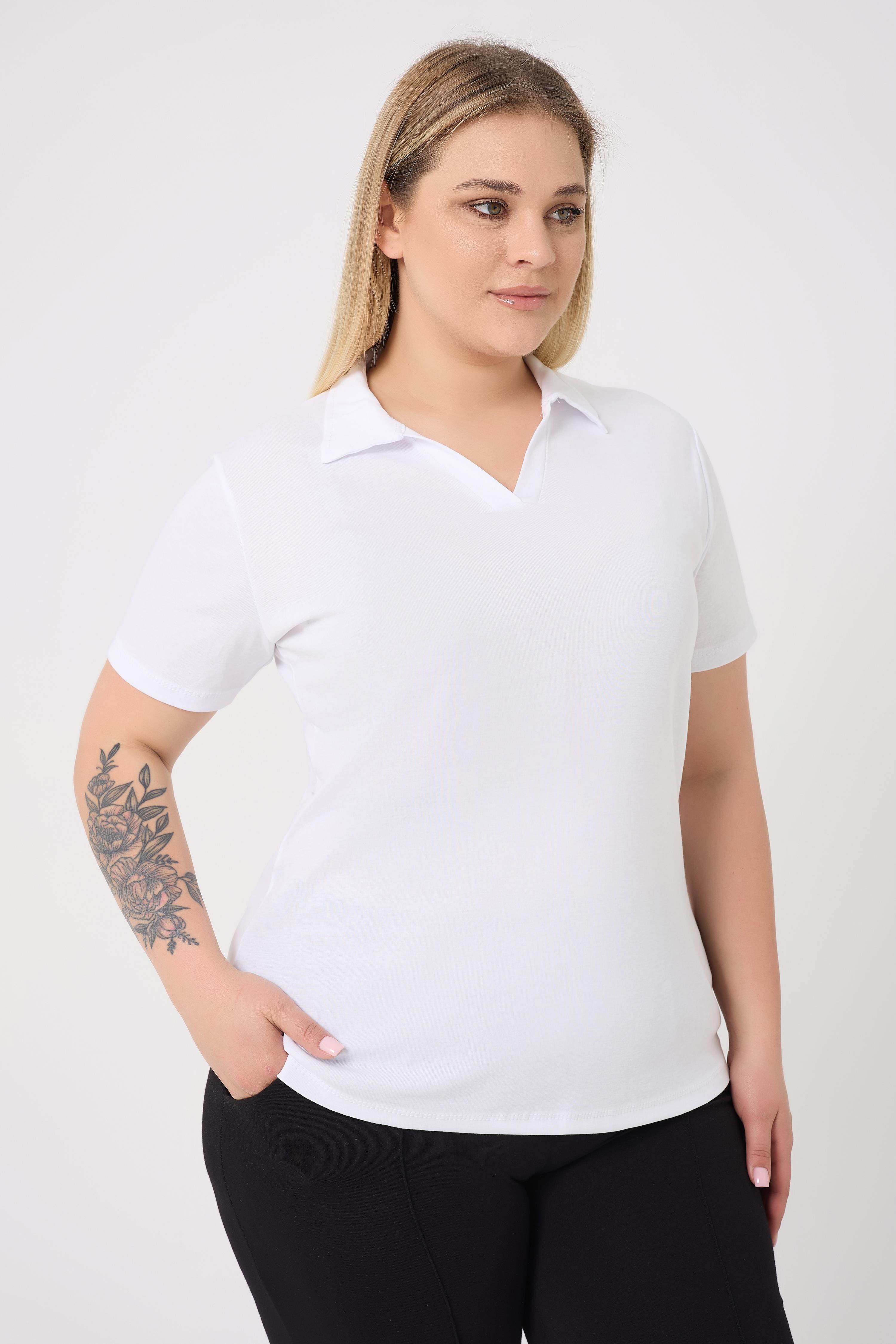 Curve Büyük Beden Pamuklu Likralı V Yaka Basic Düz Kısa Kol Beyaz  Bluz